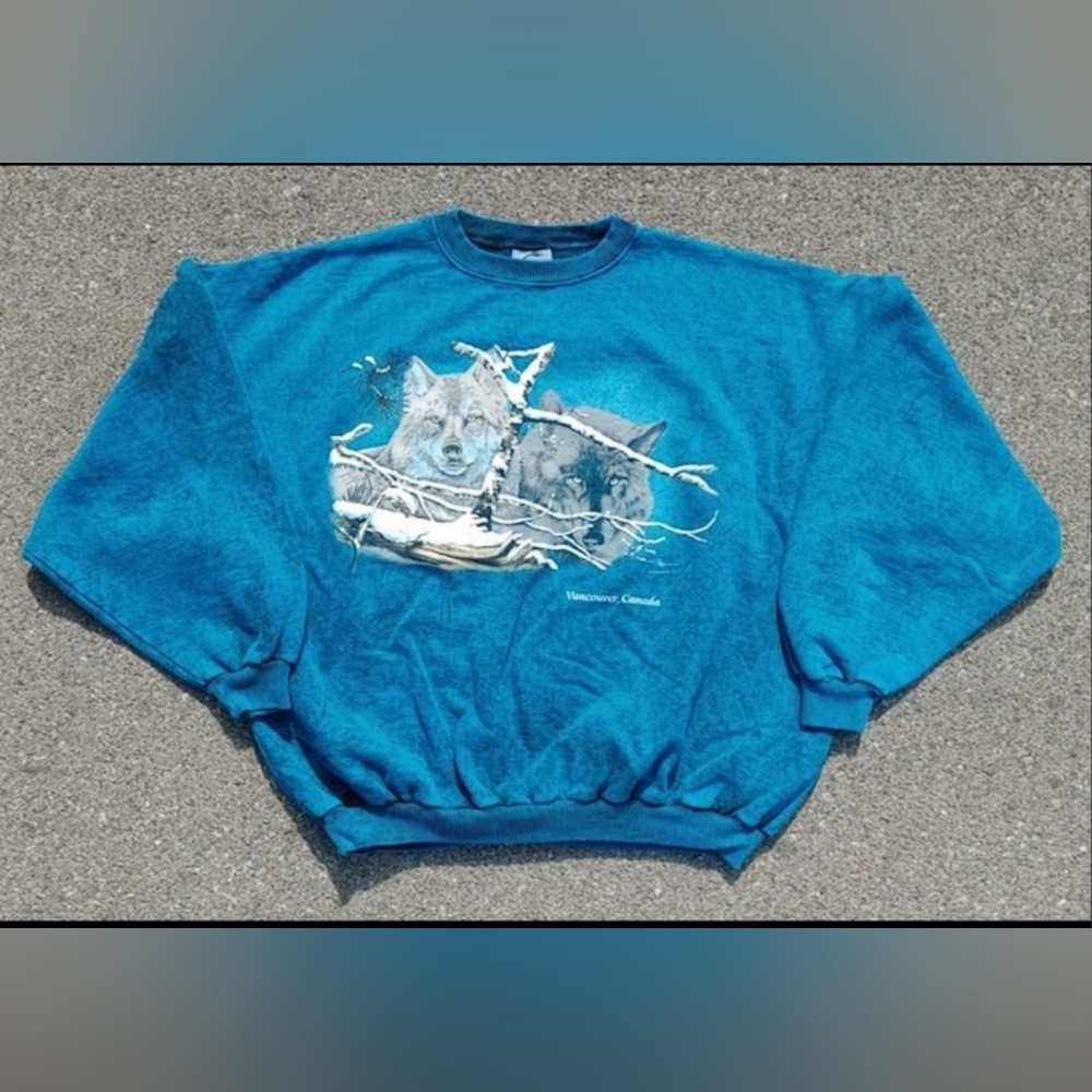 Vtg 1990s Wolves Harlequin Nature Graphics Oversized Drop Shoulder Crew Neck (L)